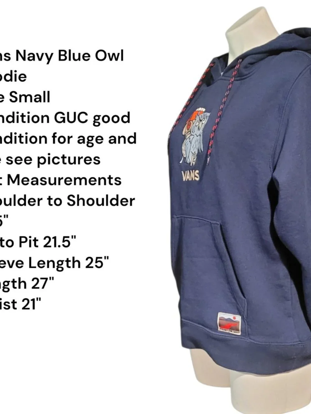 VANS Off The Wall Men's Owl Graphic Navy Blue Pullover Hoodie Small